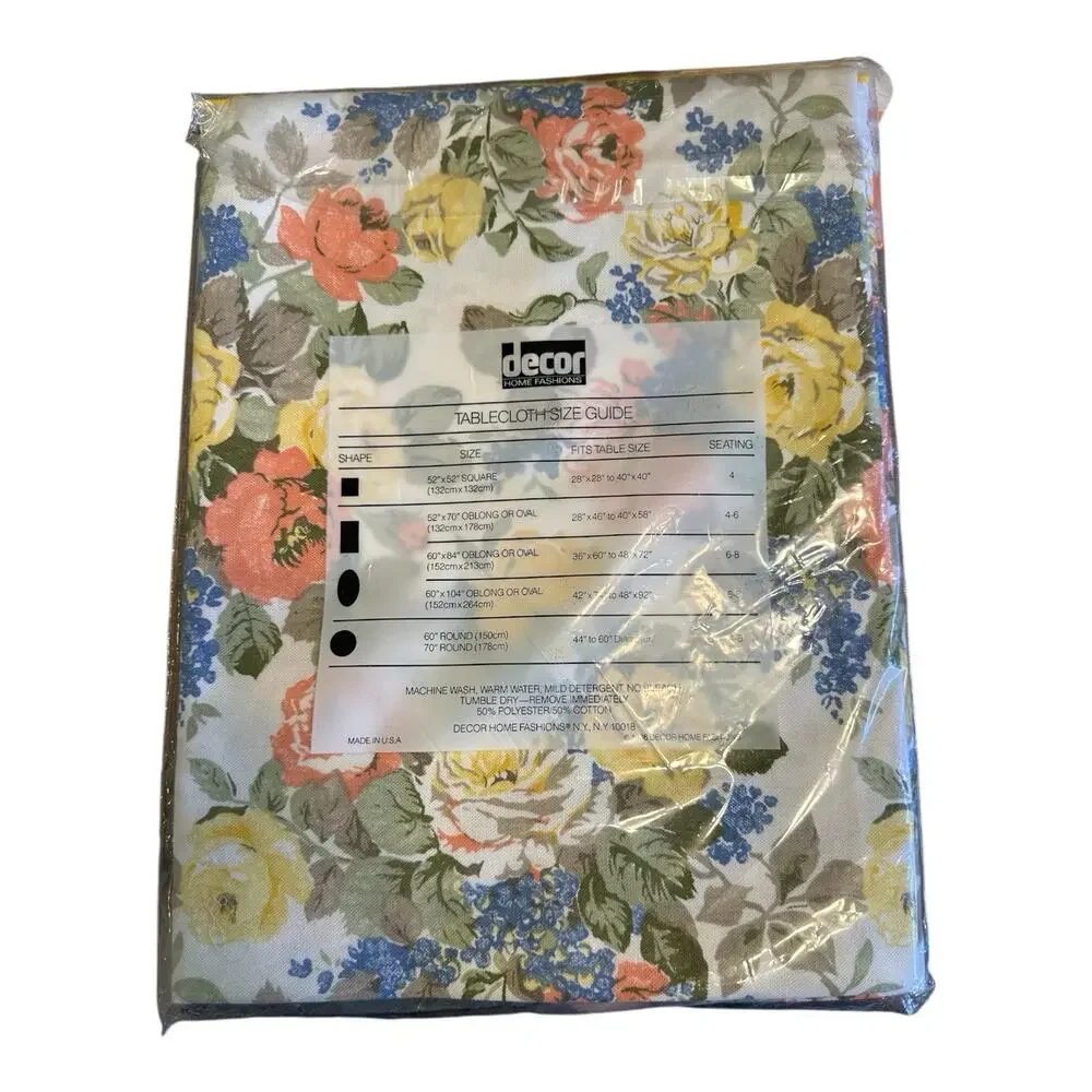 Vintage 1986 Floral Fabric Tablecloth 52”x 52” Square Cottage Core Granny Core